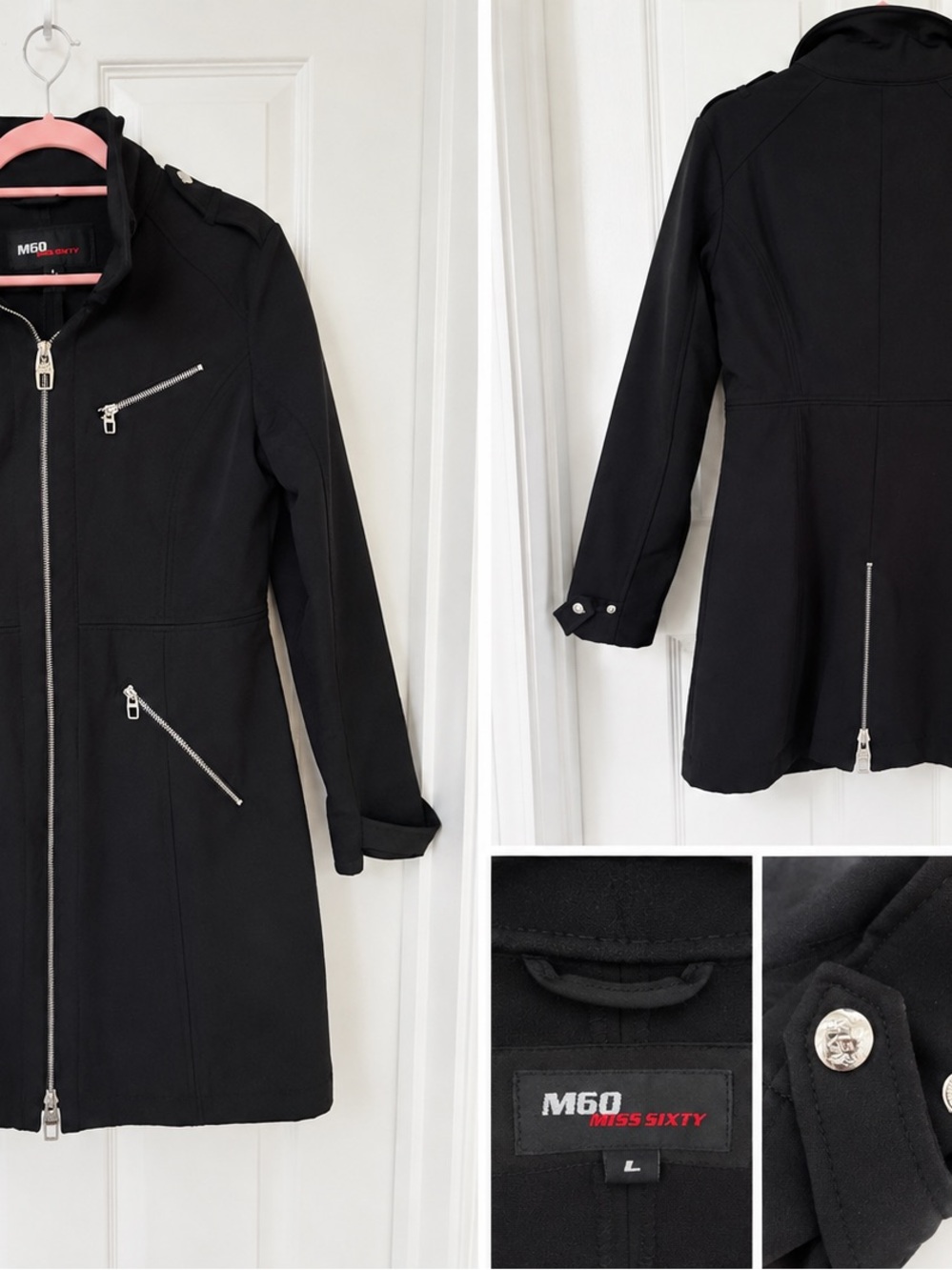 Miss Sixty Black Zip-Front Trench Coat with Silver Hardware